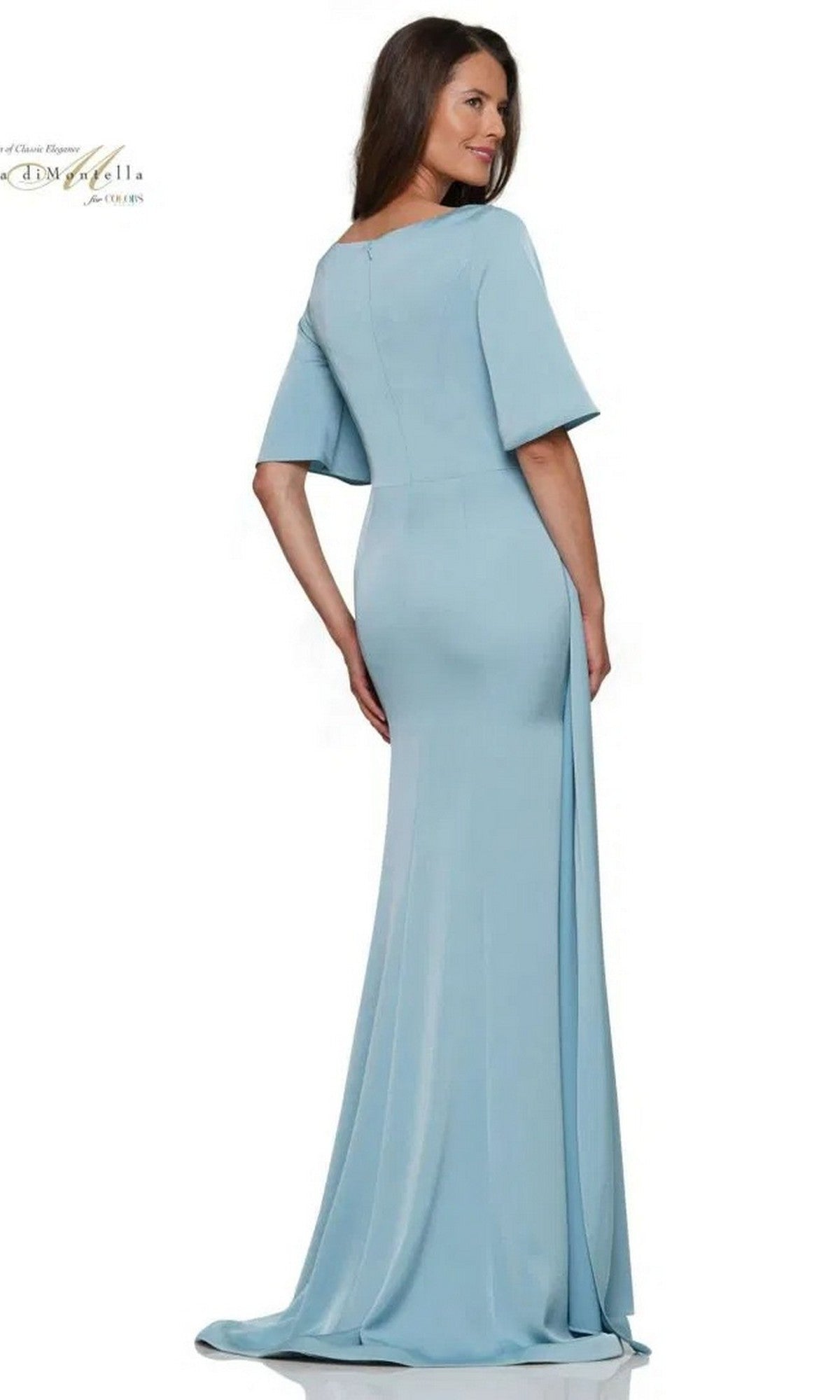 Woman posing in the Rina Di Montella RD2974 long formal dress, featuring a ruched fitted bodice and short sleeves. Viewed from the back against a plain white background.